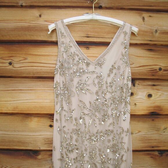 Pisarro Nights Nights Blush Beige Beaded Sequin Gown Dress 10 - Picture 5 of 13